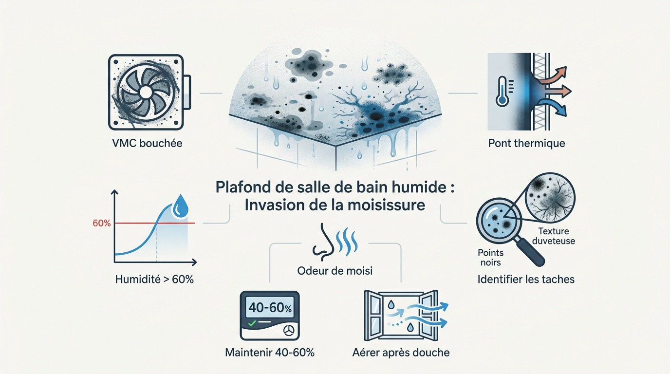Taches de moisissures noires et grises sur un plafond de salle de bain humide