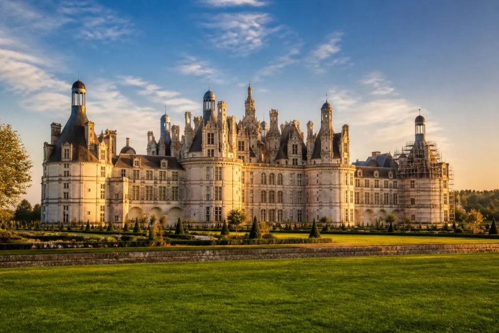 Chateau francais historique au coucher du soleil