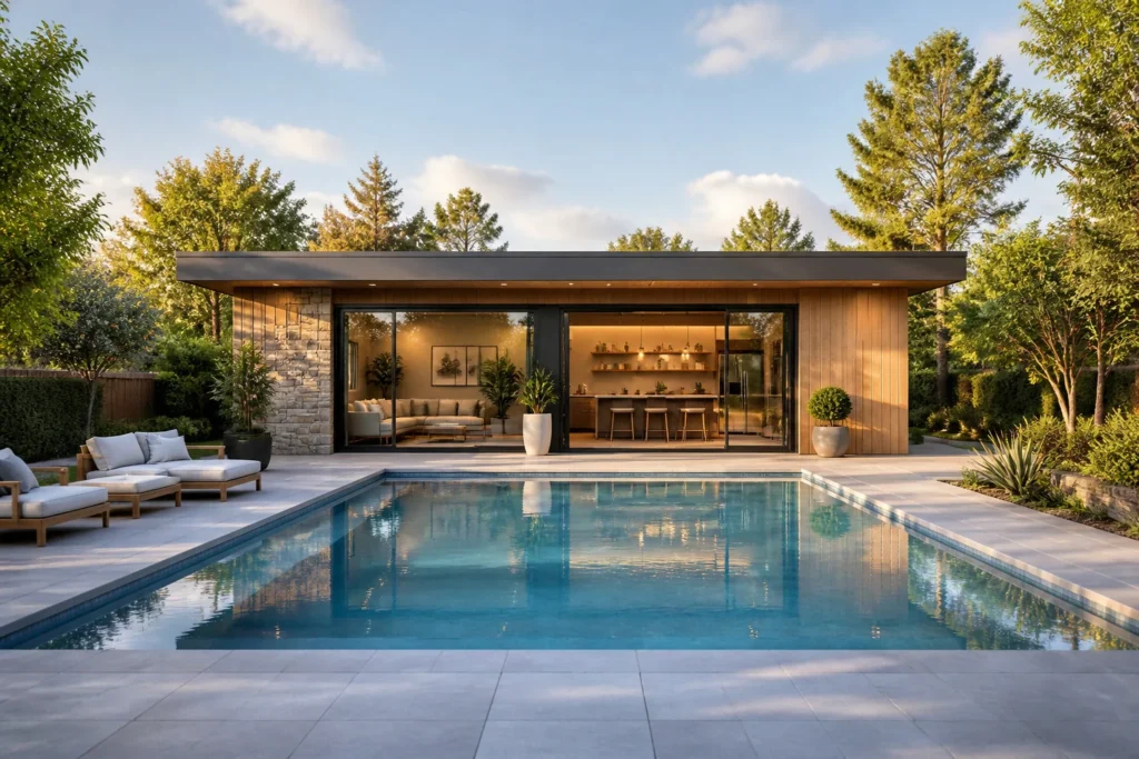 Pool house moderne et jardin luxueux