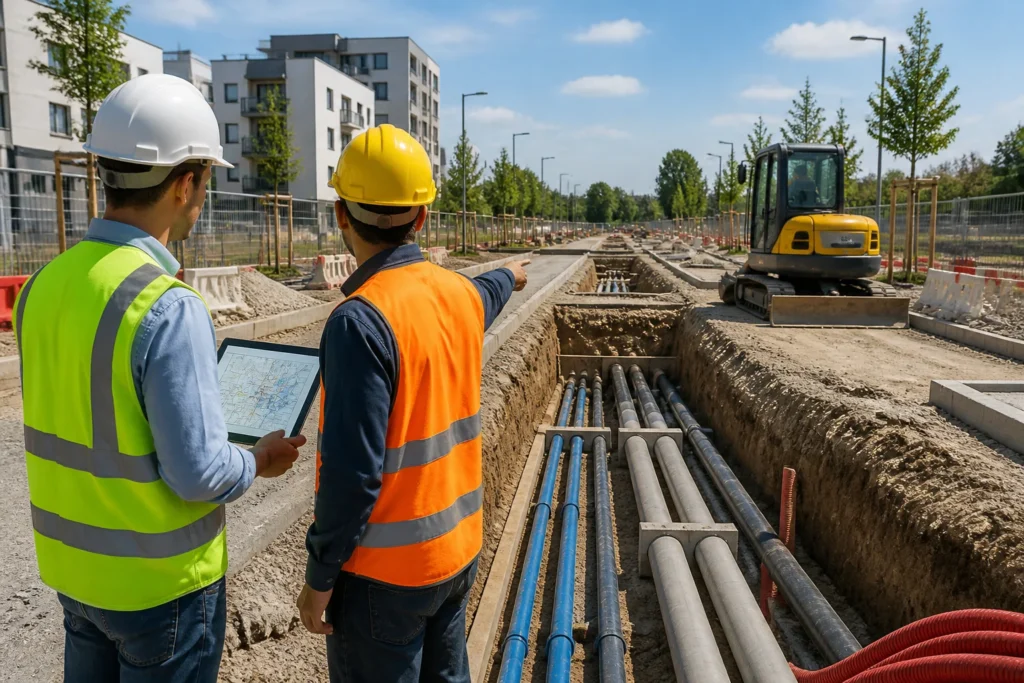 Chantier vrd ingenieurs supervisent les reseaux