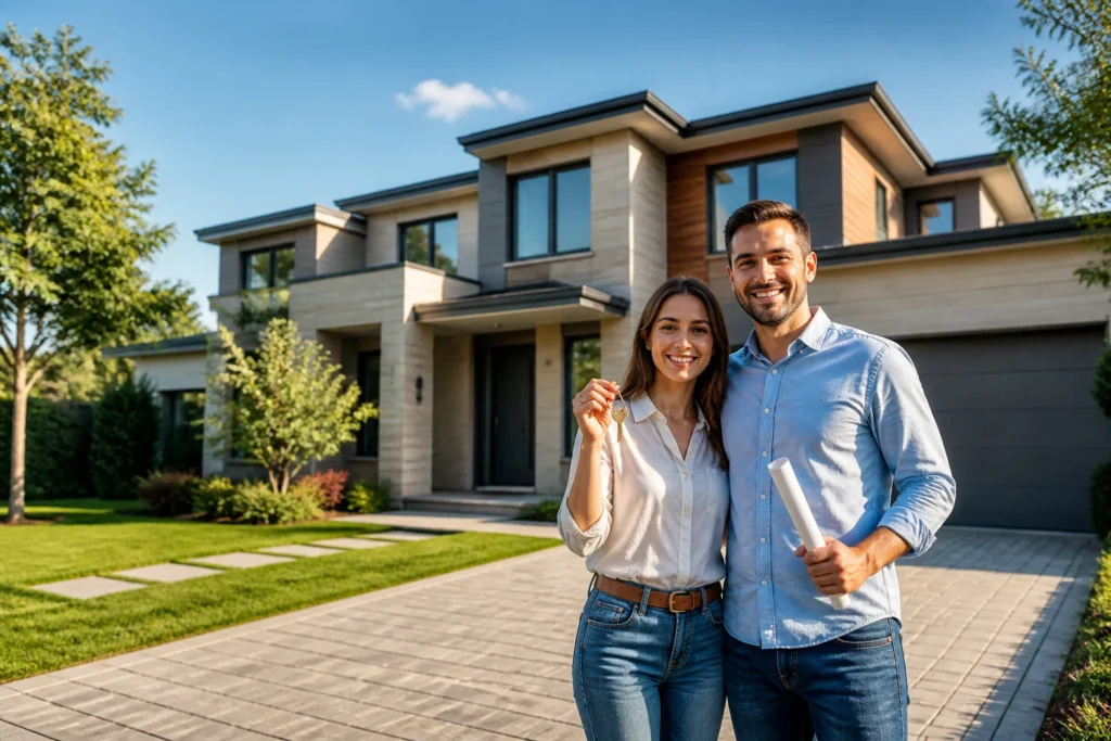 Nouveau depart couple heureux devant sa maison