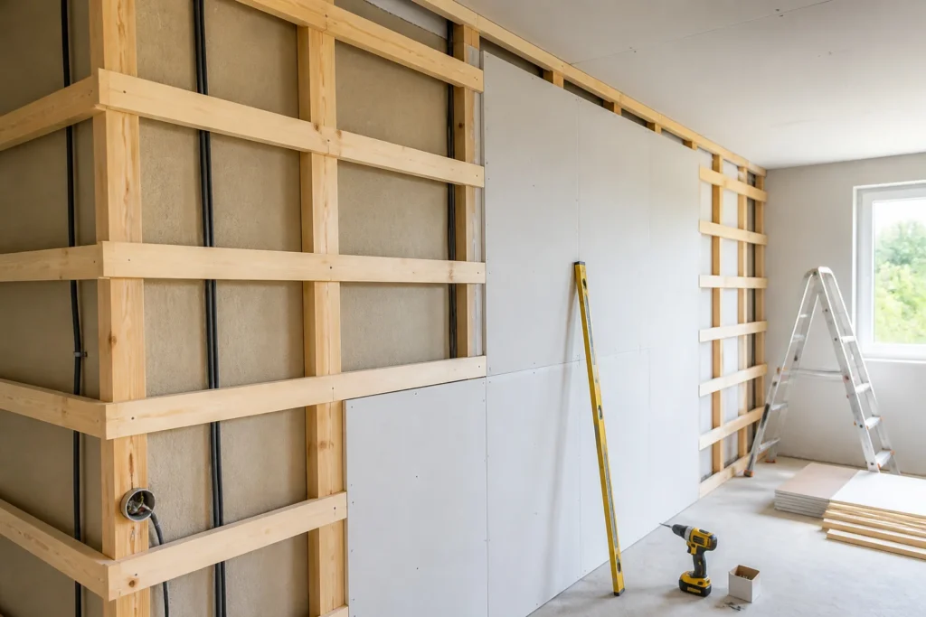 Construction de mur en placo avec tasseaux bois