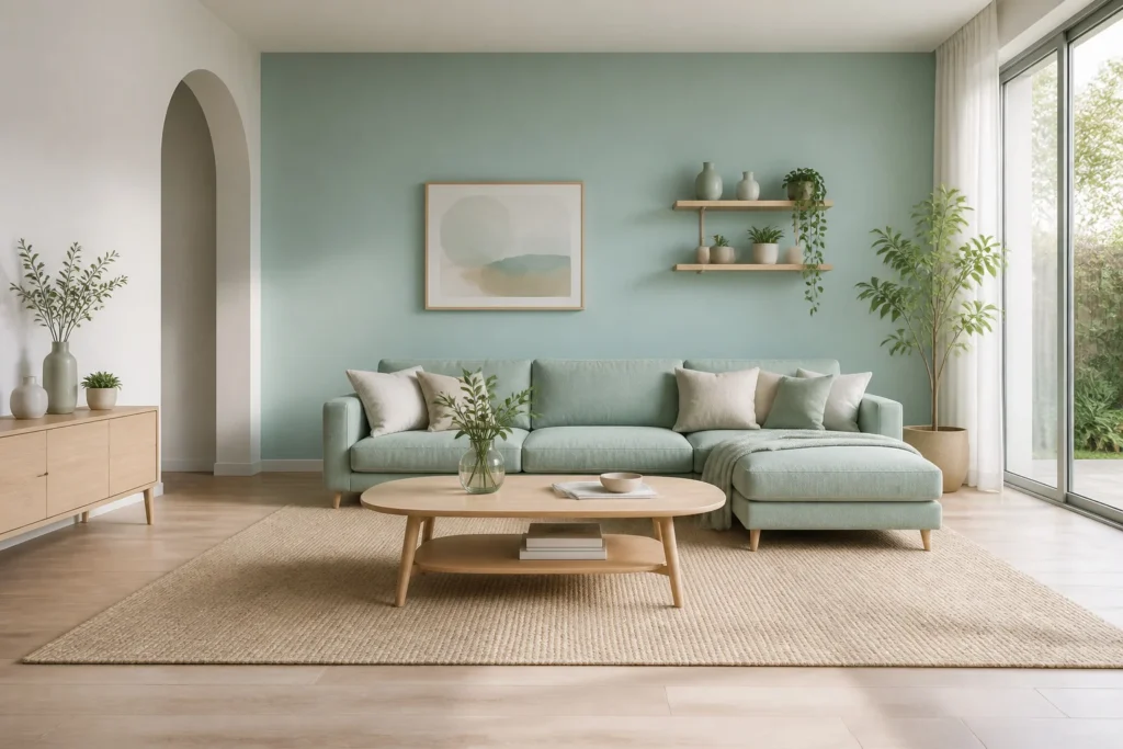 Salon moderne et serein en vert deau