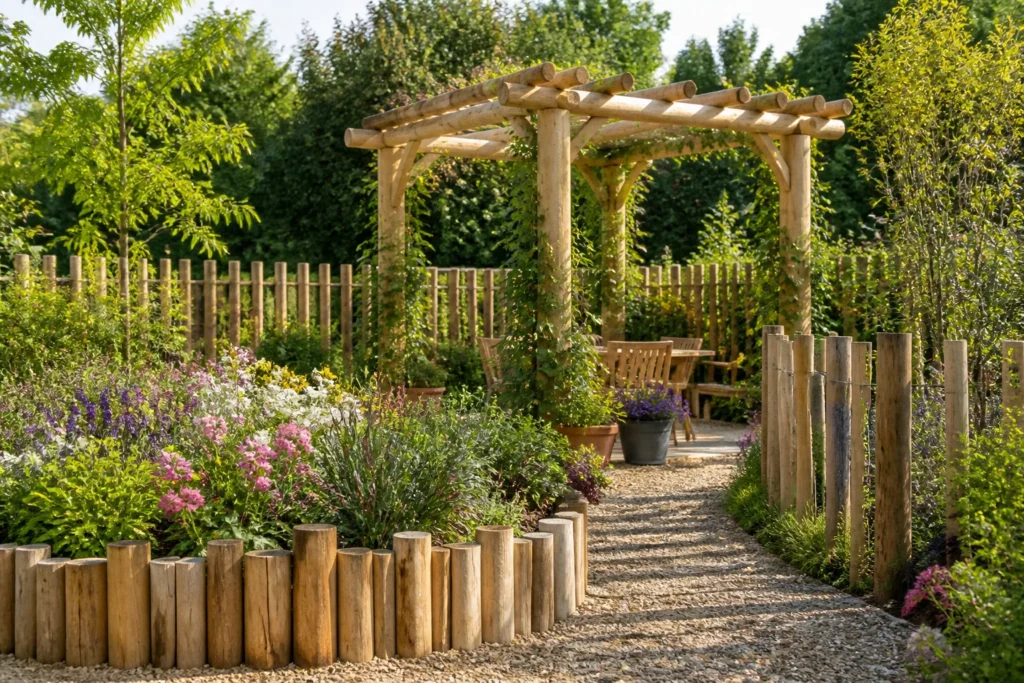 Jardin de reve avec piquets en bois naturel