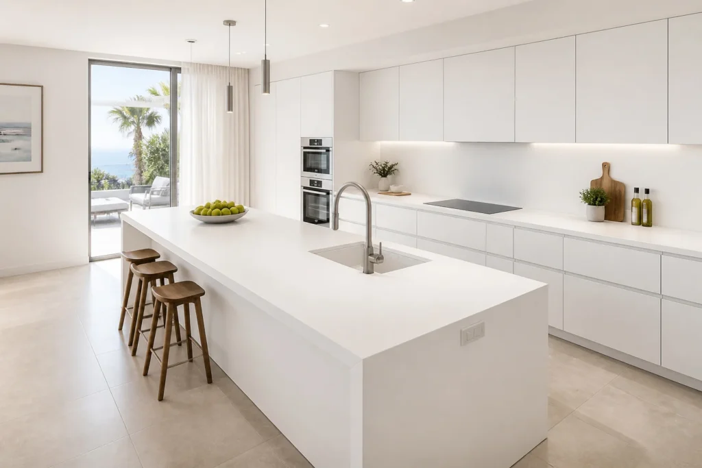 Cuisine moderne blanche epuree avec ilot en corian