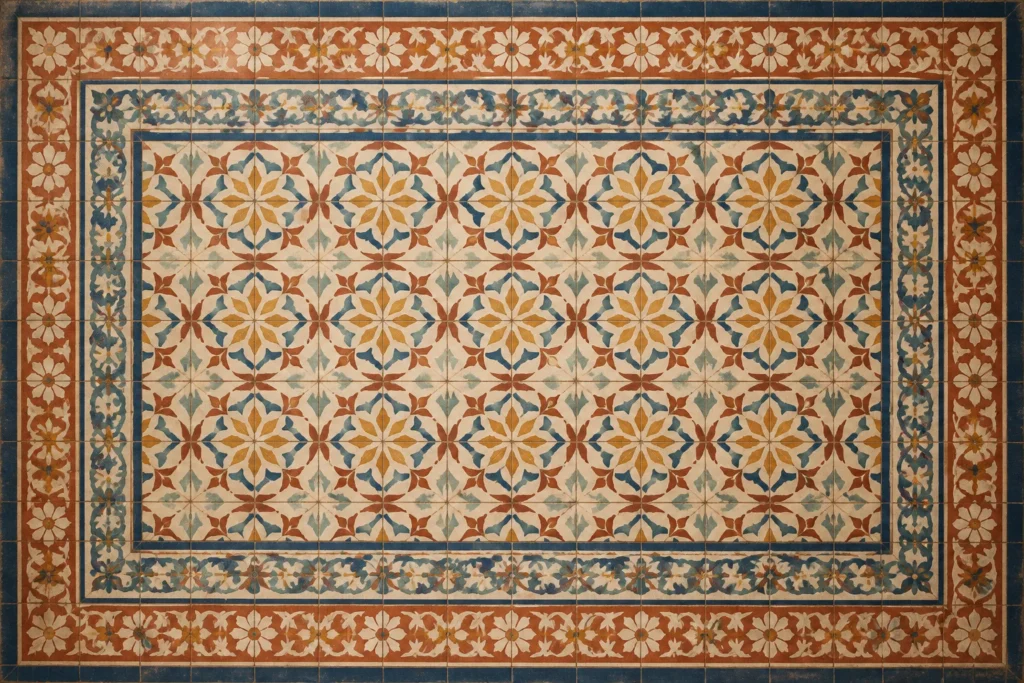 Carrelage ancien aux motifs geometriques et floraux