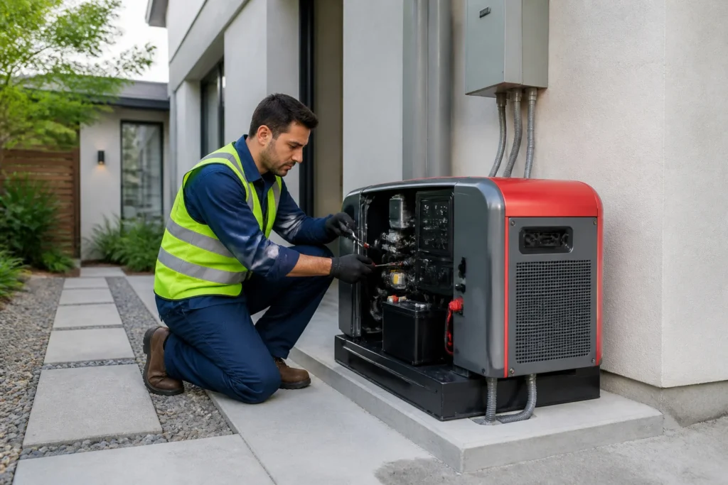 Electricien professionnel installant un generateur