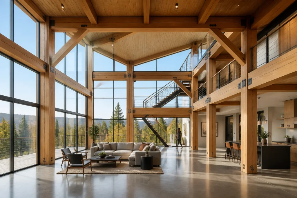 Interieur moderne avec structure poteau poutre en bois