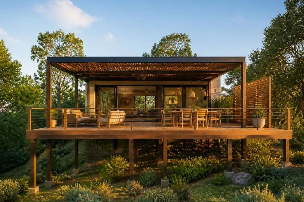 Terrasse moderne sur pilotis dans un jardin luxuriant