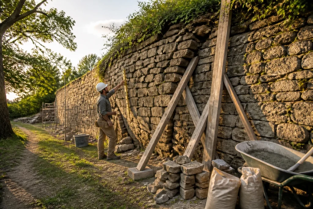 Renovation dun mur de pierre penche