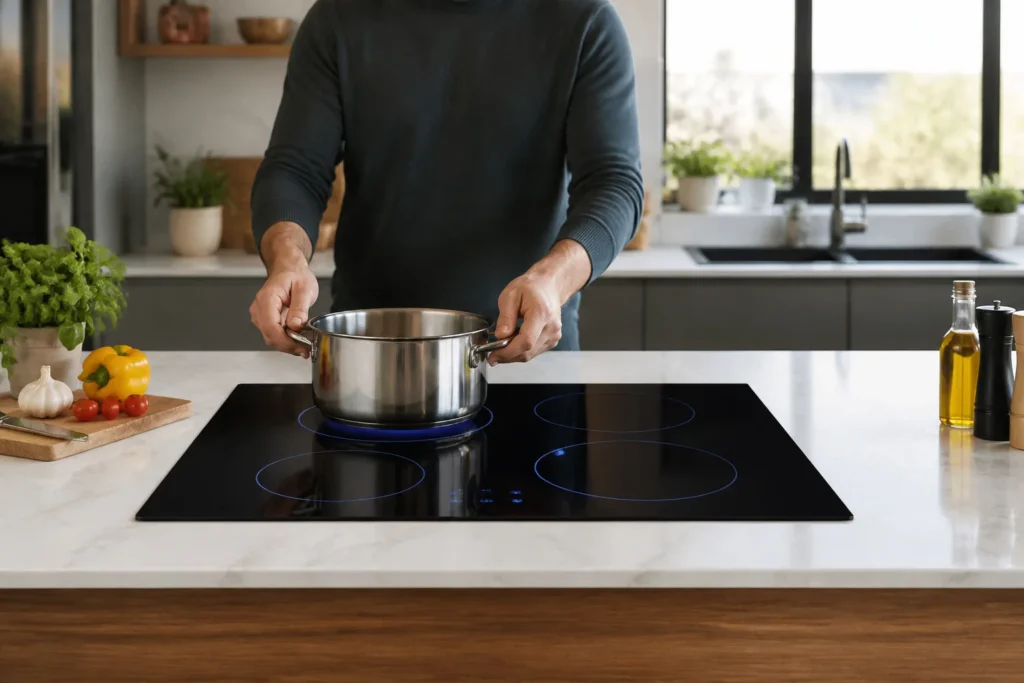 Cuisine moderne mise en place dune casserole sur plaque a induction